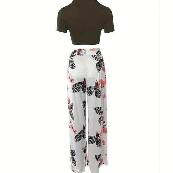 Women Flower Print Crop Top And Plant Print Long Pants Set - Picture 3 of 3